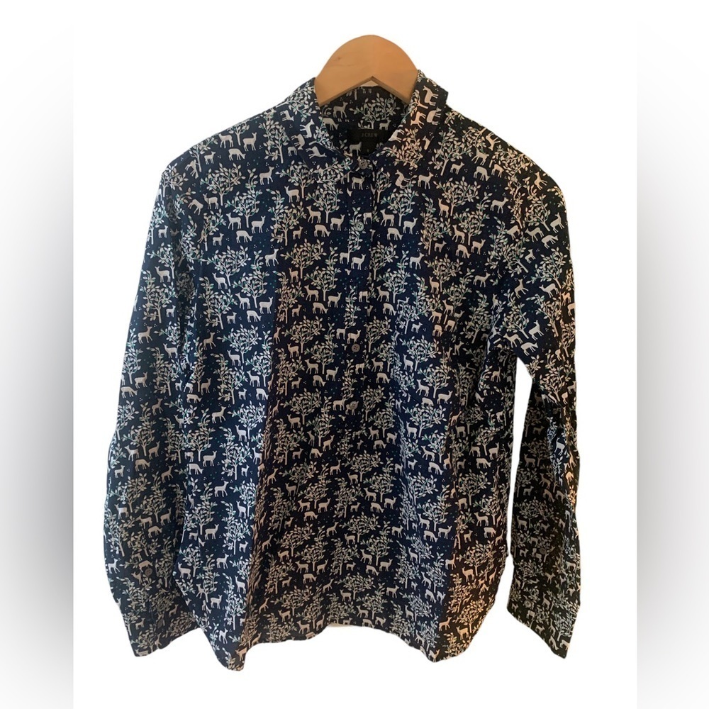 J Crew Womens Blue Deer Printed Long Sleeve Button Front Popover Shirt Size 8